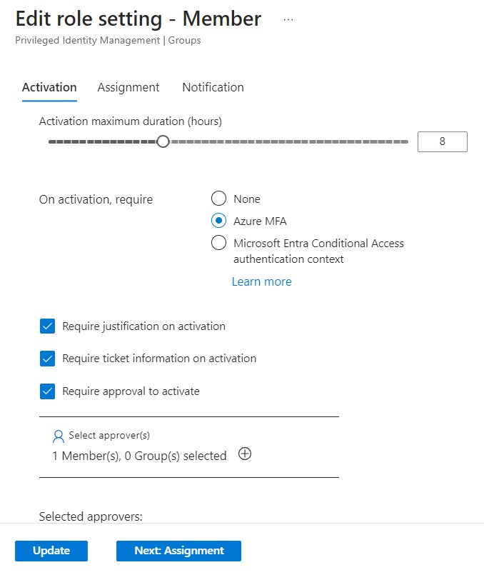 Privileged Identity Management options screenshot